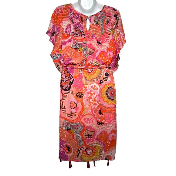 Banjanan Printed Mini Dress Flutter Sleeve Tassel Trim Floral Pink Red Large Boh - Picture 10 of 16